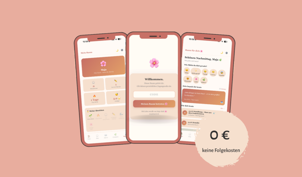 Drei Handys zeigen die App Raum für dich, daneben ein Sticker: 0 Euro, keine Folgekosten